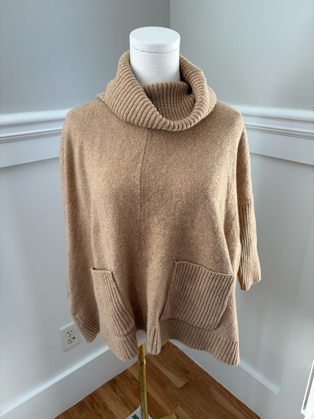 LOFT Tan Turtleneck Poncho Sweater Ribbed Cozy Oversized Pockets XS Petite